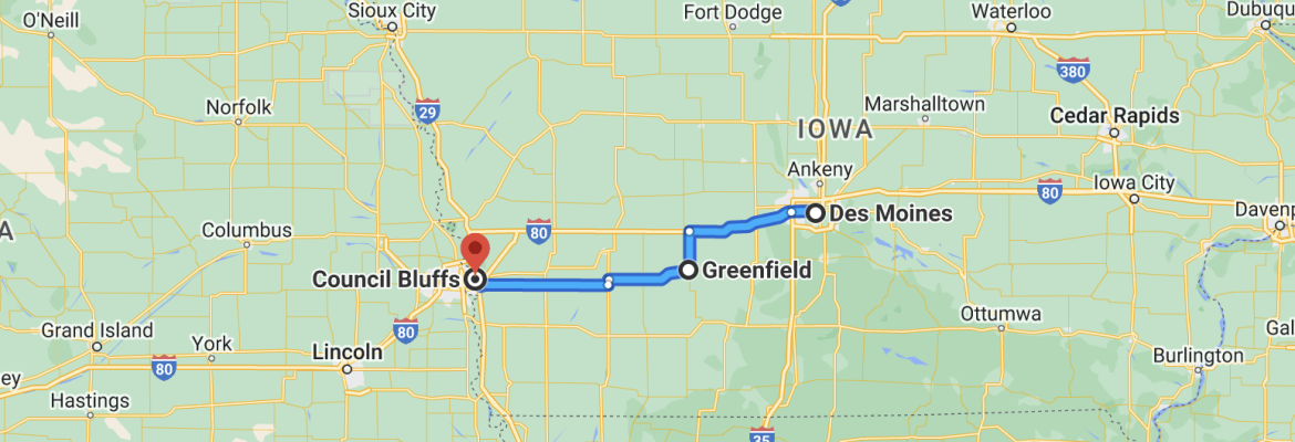 Des Moines To Council Bluffs via Highway IA-92